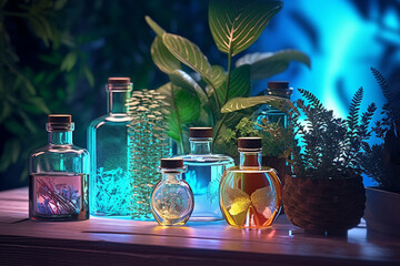 Wall Mural - science with samples of plants and bottles with generative ai