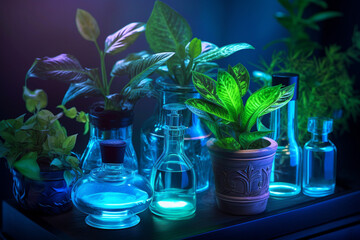Wall Mural - science with samples of plants and bottles with generative ai