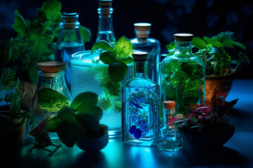 Wall Mural - science with samples of plants and bottles with generative ai