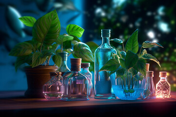 Wall Mural - science with samples of plants and bottles with generative ai