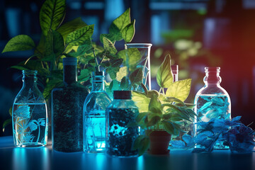 Wall Mural - science with samples of plants and bottles with generative ai