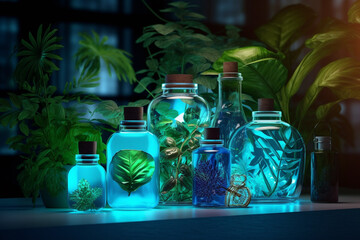 Wall Mural - science with samples of plants and bottles with generative ai