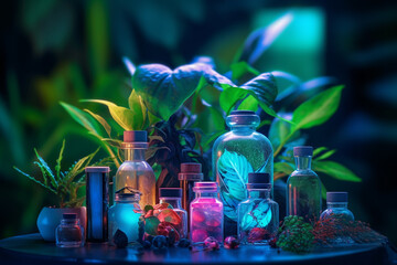 Wall Mural - science with samples of plants and bottles with generative ai