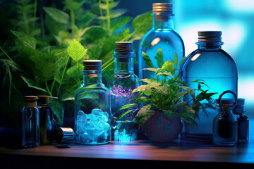 Wall Mural - science with samples of plants and bottles with generative ai