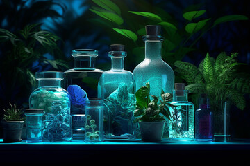 Wall Mural - science with samples of plants and bottles with generative ai