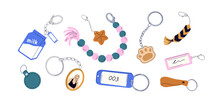 Keychains, Trinkets Set. Key Accessories Collection. Different Rings, Keyrings, Holders, Chains, Pendants, Fobs With Number Tag, Paw, Photo. Flat Vector Illustrations Isolated On White Background