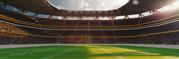 3D render image of american football stadium with yellow goal post, grass field and blurred fans at playground view. Concept of outdoot sport, activity, football, championship, match, game space