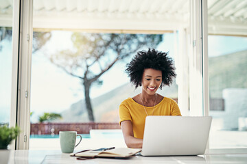 Poster - Laptop, smile and relax with black woman and research for planning, website and remote worker. Blog, networking and social media with female freelancer at home for email, technology and internet