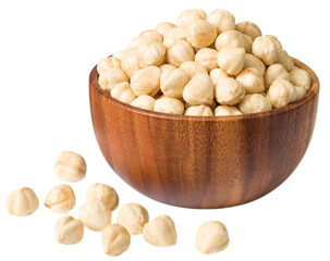 Wall Mural - Hazelnuts in the wooden bowl, isolated on the white background.