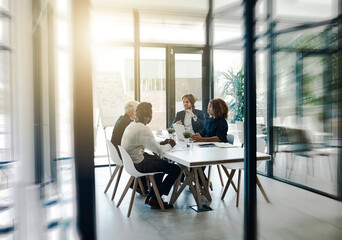 Aufkleber - Idea, teamwork and meeting with business people in boardroom for strategy, brainstorming and solution. Corporate, collaboration and conference with employees in office for negotiation development