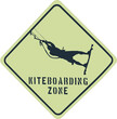 Sign of a Kiteboarding zone. Black kite board area sign on a yellow background warning about a sportive zone. Wind sport sign with flying person. Jumping kite boarder or surfer in a kitesurf area