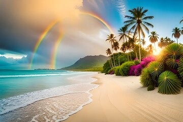 Beautiful summer vacation holidays, sea beach with palm tree leaves & various colorful flower background, rainbow shining this hot sunny time 