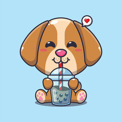 Wall Mural - dog drink boba milk tea cartoon vector illustration.