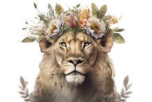 Lioness Lion Face With Floral Flower Crown On Head Isolated On White In Style Of Art Illustration Drawing Painting For Poster Cover T-shirt Design. Generative Ai