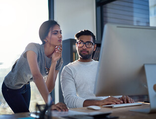 Wall Mural - advice, thinking and business people with a computer for training, strategy and collaboration. confu