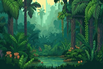 Exotic forest in the jungle, abstract illustration. Generative AI