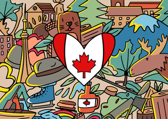Wall Mural - mural of canada flag in heart shape decorated with the country famous element and icons