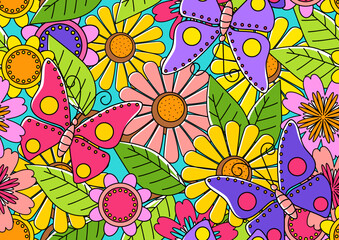 Wall Mural - mural doodle art of butterflies and flowers