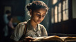 AI generated Young Indian woman reading a book in the library. Education concept