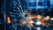 © BPawesome - The art of destruction, close-up of a shattered window with a blurry city background, Generative AI