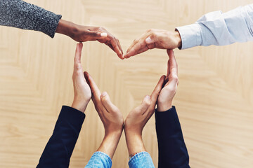 Aufkleber - Community, heart or hands of business people in support for trust, teamwork or diversity inclusion in office. Love gesture, above or employees in group collaboration with hope or kindness for charity