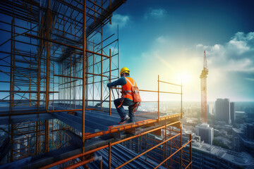 Wall Mural - construction engineer worker at heights,architecture sci-fi construction working platform on top of building, suspended cables, fall protection and scaffolding installation.