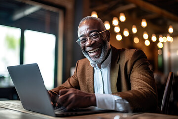 handsome older african-american man sitting with laptop, ai generated