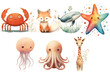 Watercolor set of Cute Baby crab, starfish, octopus, giraffe, fox, whale, jellyfish Safari Animals. Cartoon animal for decoration design. Cute animals vector set. Hand-drawn watercolor illustration