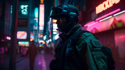 Wall Mural - A soldier stands in a futuristic neon-lit city street at night, generative ai