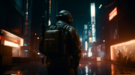 Wall Mural - From a back view, a soldier stands in a dark city street at night, generative ai