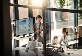 Business meeting, window and woman in presentation, statistics and data analytics, charts or infographics graphs. African leader, speaker or people listening for results, revenue or profit on screen