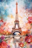 Fototapeta Paryż - Watercolor Eiffel Tower with roses and paint splatter vertical orientation. Generative ai