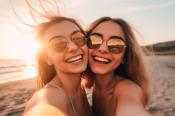 Two funny girls taking a selfie on the beach in summer