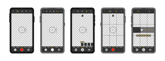 Mobile phone with camera interface. Viewfinder, grid, focus, button and rec on smartphone. Shooting video for a social network. Mobile app application. Focusing screen in recording time. Vector.
