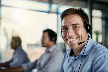 Poster - Customer service, smile and mockup, portrait of happy man in coworking space consulting with advice at help desk. Phone call, conversation and happiness, callcenter consultant with headset in office.