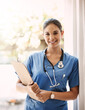 Woman doctor, clipboard and portrait for medical service, hospital documents and nursing registration or information. Face, smile and professional doctor or healthcare person, checklist and clinic