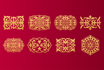 Poster - Set of 8 islamic golden ornaments on red background in vector. Circular ornamental arabic symbols. Abstract Asian elements of the national pattern of the ancient nomads of the Kazakhs, Tatars, Kyrgyz