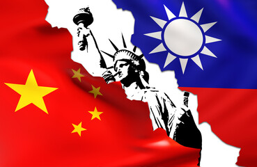 Wall Mural - China vs Taiwan. US aid for Taiwan. Statue liberty is metaphor for United States. Political relations between China and Taiwan. National flag of China. PRC policy. Negotiations, sanctions. 3d image