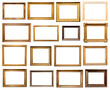 set of horizontal old wooden picture frames isolated on white background with cut out canvas
