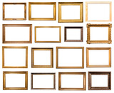 Fototapeta  - set of horizontal old wooden picture frames isolated on white background with cut out canvas