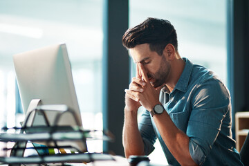 man, headache and stress at computer in office for problem, burnout and crisis of anxiety, brain fog
