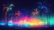 Futuristic Summer Beach Party with Bright Neon Lights and Tropical Palms: Generative AI