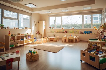 ensuring fun, safe learning in a preschool room: a tour of a childcare center interior: generative a