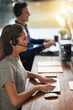 Call center, smile and typing with woman at computer for customer service, help desk or consulting. Happy, advisory and ecommerce with employee in office for contact us, telemarketing or receptionist