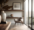 Modern minimalistic japandi living room interior in beige and olive tones. Trendy wooden shelves in a niche in the wall. armchair, coffee table. Photorealistic illustration generated by AI.