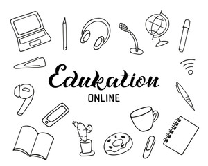  Set of icons with inscription on the theme education online  on a white background. Hand drawn, cartoon style. Design for patterns of school website, stationery store.