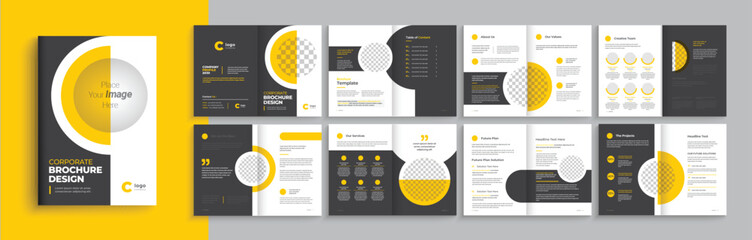 Company Profile brochure template layout with unique and professional design, Multipages brochure layout with Yellow red-orange color shape 