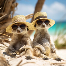 Two Funny Meerkats In Straw Hats And Sunglasses Are Relaxing On A Sandy Sea Beach, Generative AI, Generative Artificial Intelligence