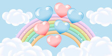 3d Baby Shower, Rainbow With Clouds And Balloons On The Starry Sky, Childish Design In Pastel Colors. Background, Illustration, Vector.