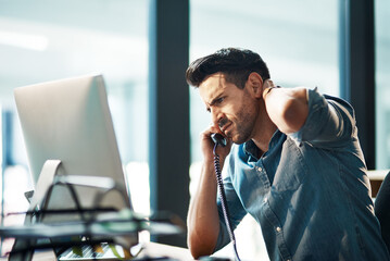 Fototapete - Business man, telephone call and stress in office for mistake, problem and anxiety for failure, bad news and crisis at computer. Frustrated worker, worry and talking on phone with fatigue of burnout
